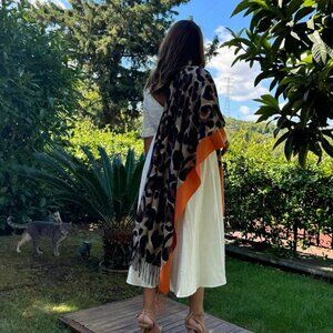 Premium Turkish Cashmere Blend Scarf – Bold Leopard Prints in Orange